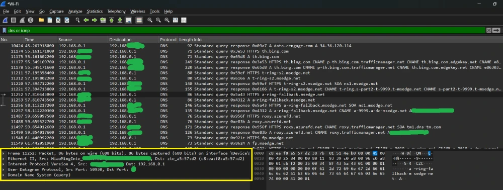 نمونه واقعی از درخواست‌ها و پاسخ‌های DNS روی پروتکل UDP در Wireshark